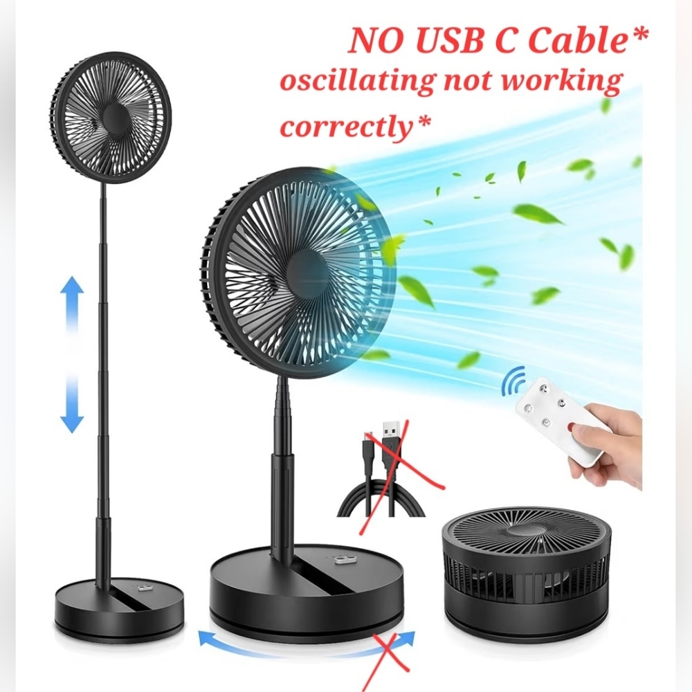 9" Portable Folding Rechargeable Oscillating Fan 7200mAh USB-C Desk Pedestal Fan